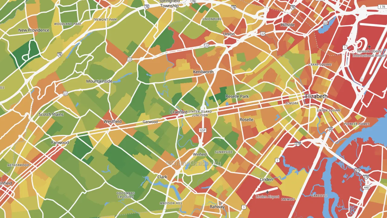 Union County, NJ Map of Robbery Rates