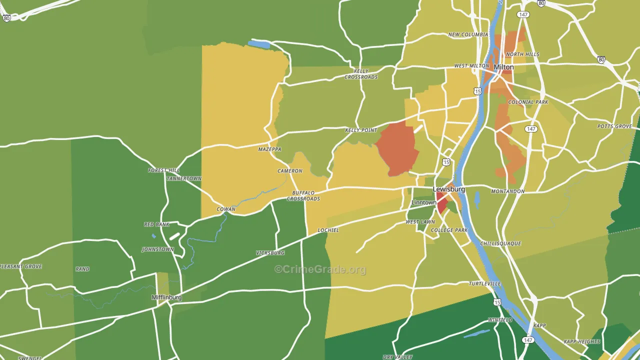 Union County, PA Map of Robbery Rates