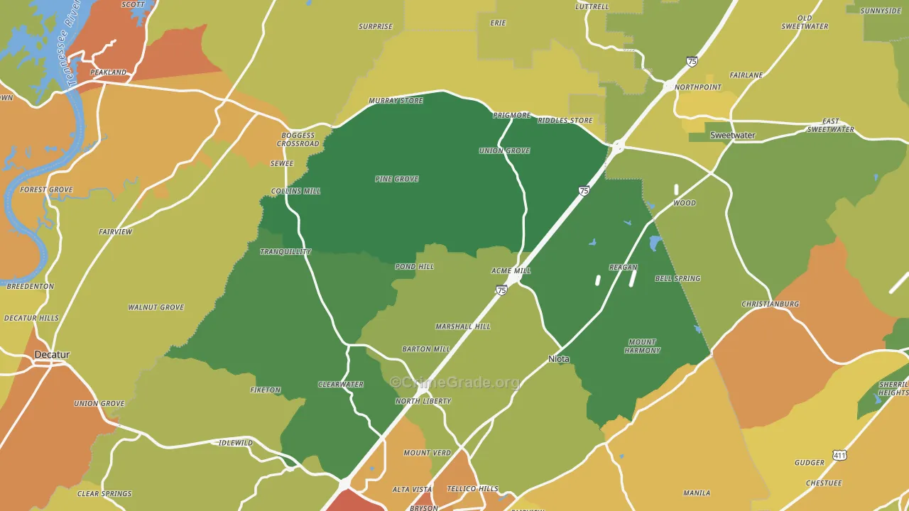 Union Grove, TN Map of Robbery Rates
