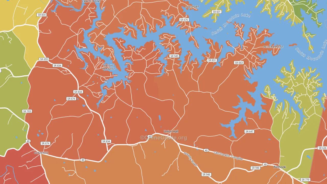 Union Hall, VA Map of Robbery Rates