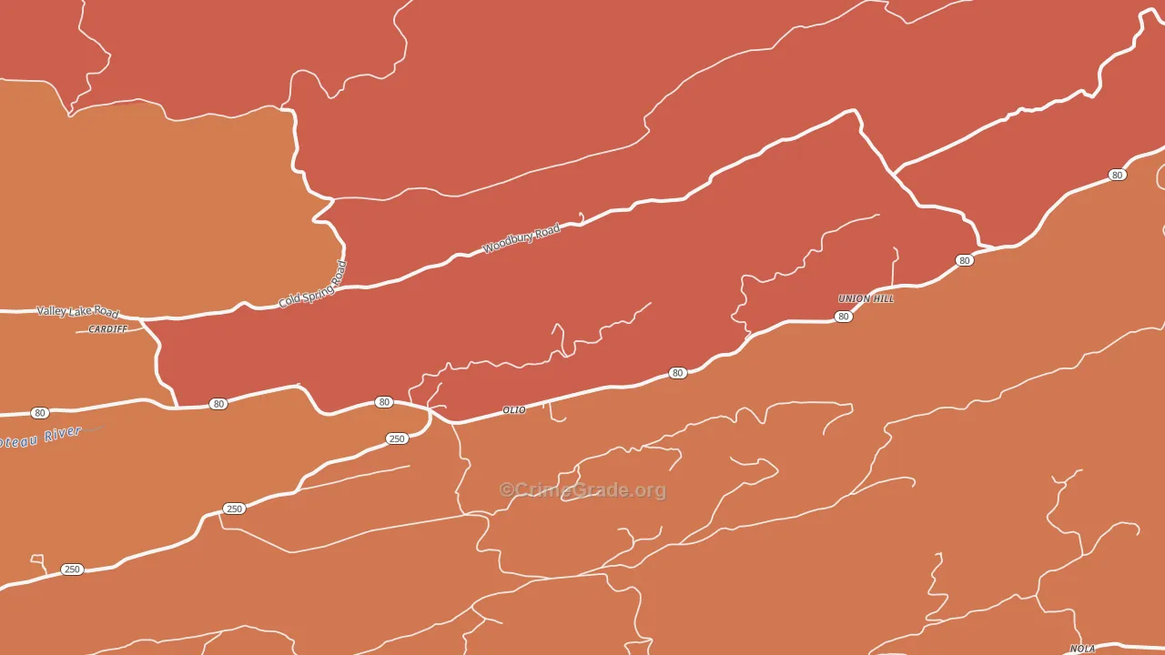 Union Hill, AR Map of Robbery Rates
