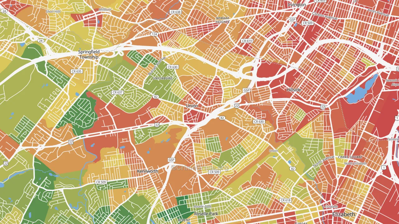 Union, NJ Map of Robbery Rates