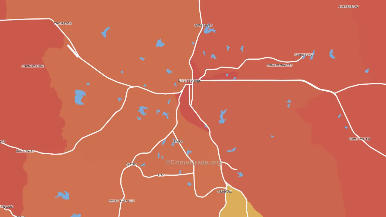 Union Springs, AL Map of Robbery Rates