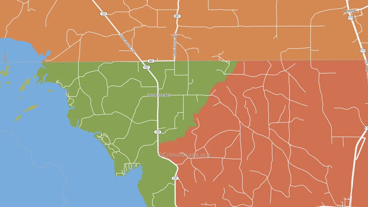 Union Springs, LA Map of Robbery Rates
