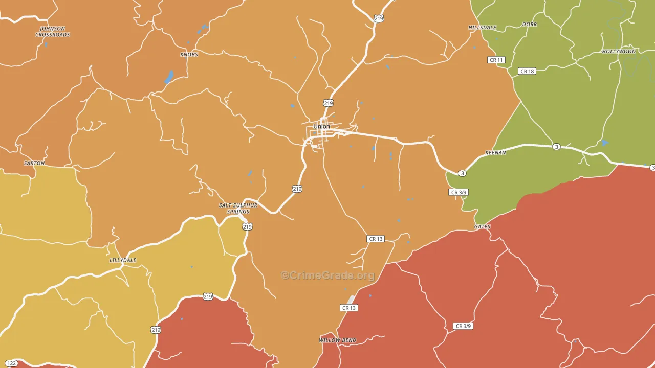 Union, WV Map of Robbery Rates