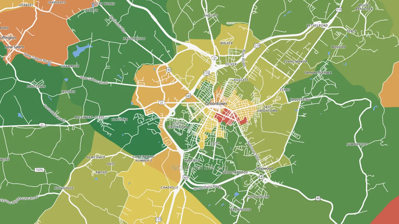 Uniontown, PA Map of Robbery Rates