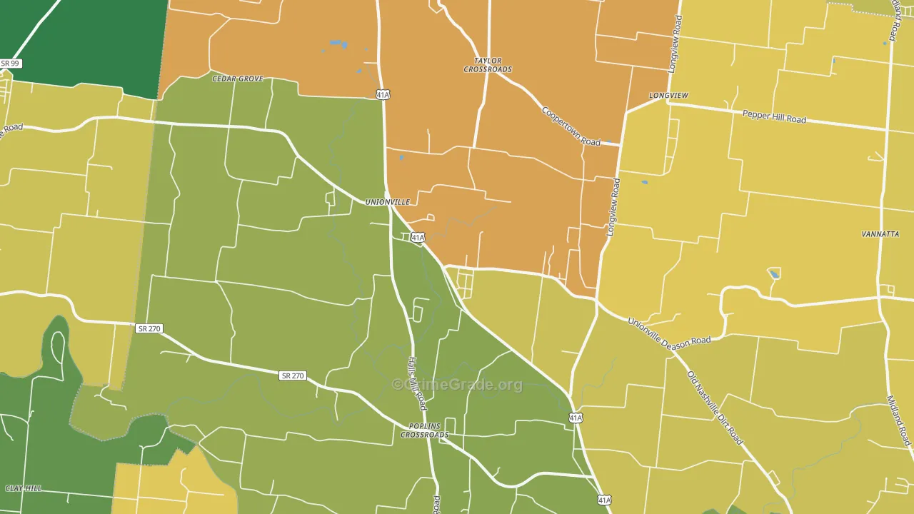 Unionville, TN Map of Robbery Rates