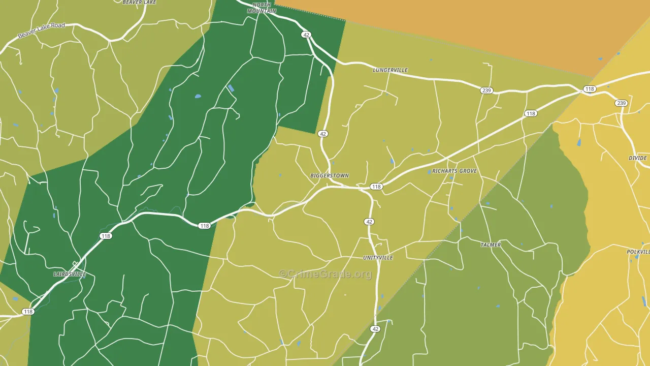 Unityville, PA Map of Robbery Rates
