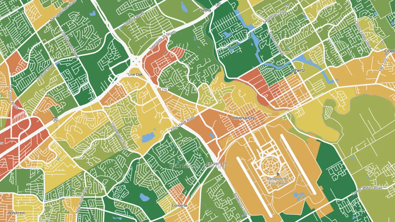 Universal City, TX Map of Robbery Rates