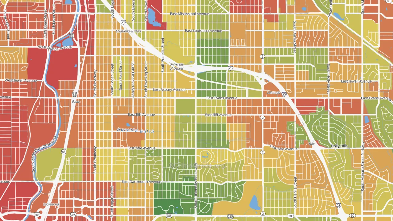 University, Denver, CO Map of Robbery Rates