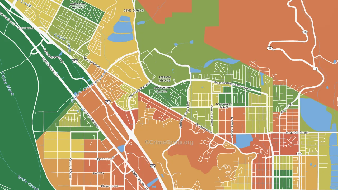 University-San Bernardino, San Bernardino, CA Map of Robbery Rates