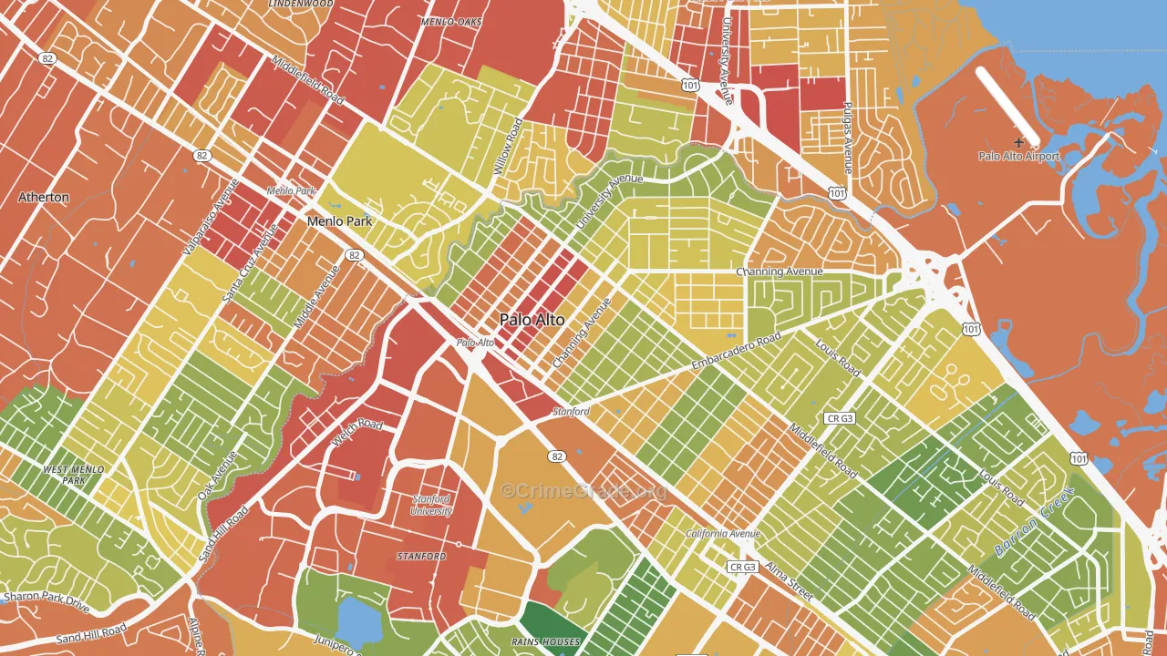 University South, Palo Alto, CA Map of Robbery Rates