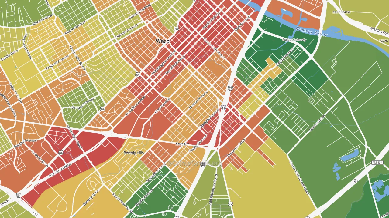 University, Waco, TX Map of Robbery Rates