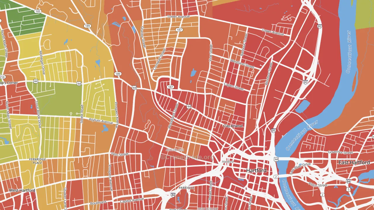 Upper Albany, Hartford, CT Map of Robbery Rates