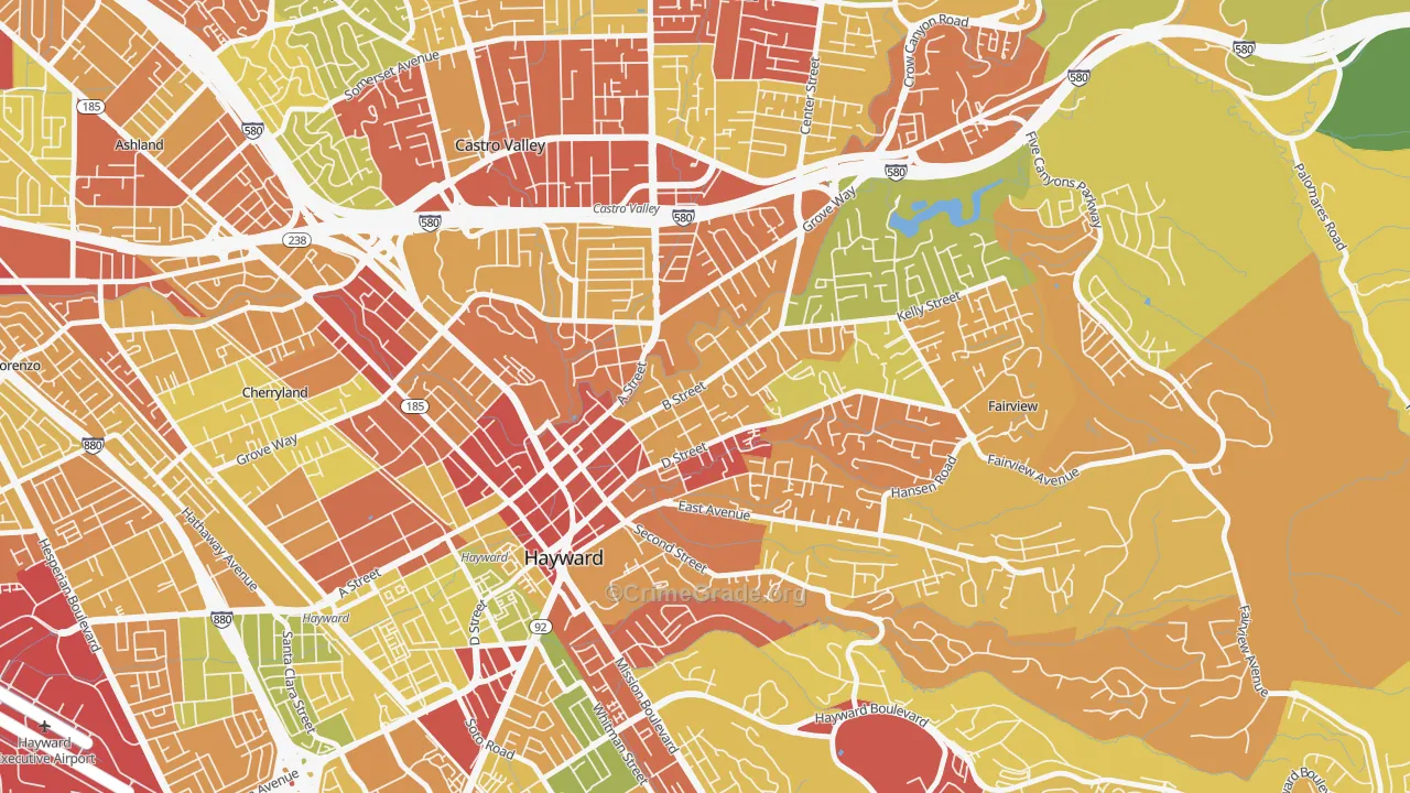 Upper B Street, Hayward, CA Map of Robbery Rates