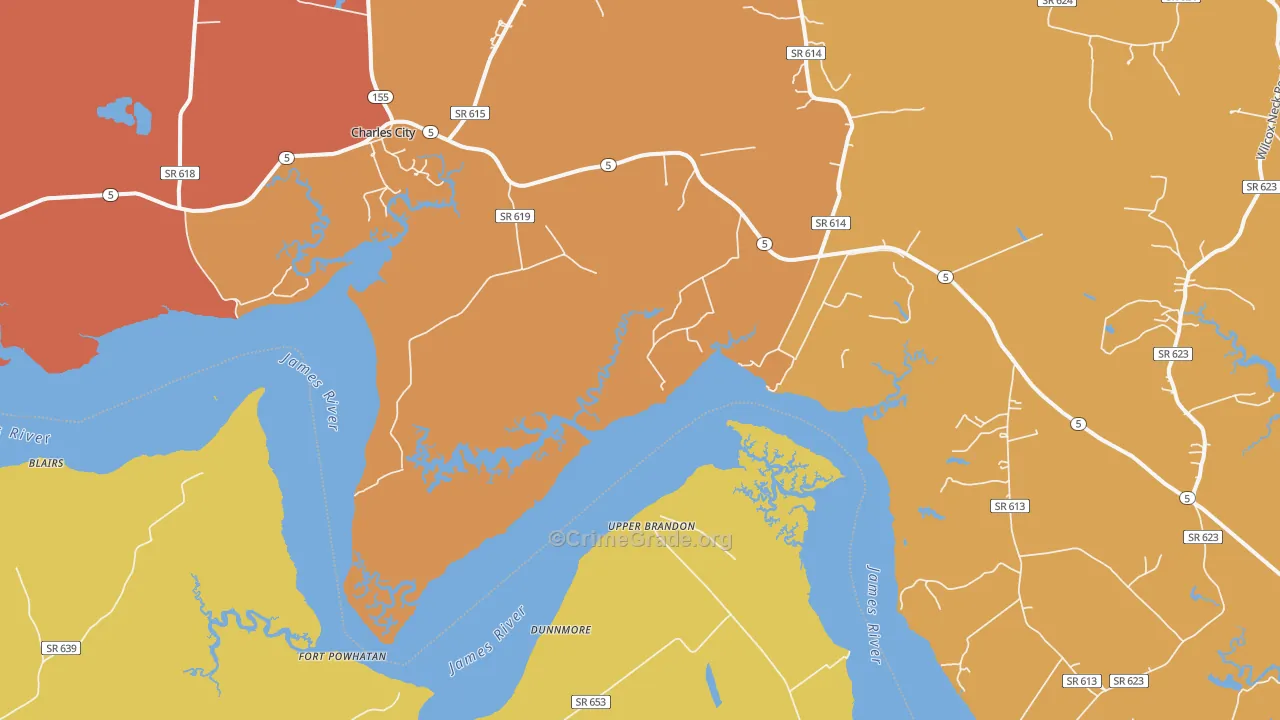 Upper Brandon, VA Map of Robbery Rates