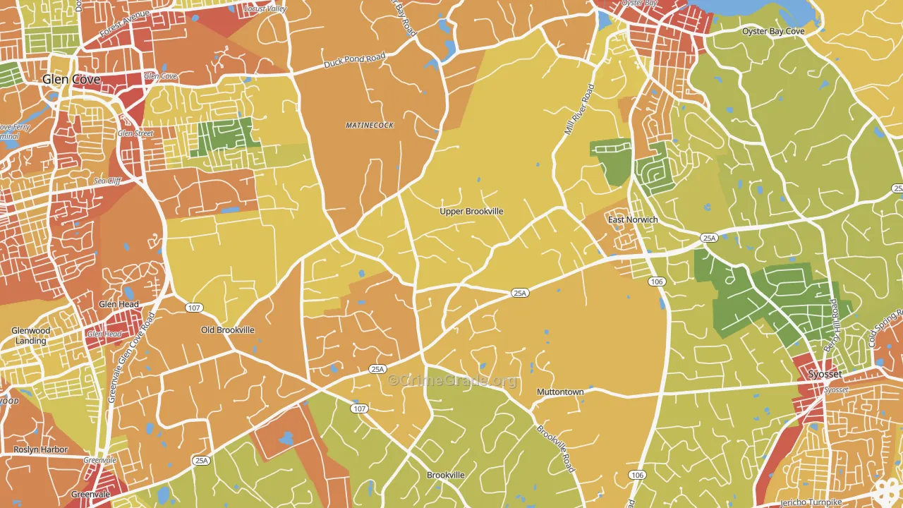 Upper Brookville, NY Map of Robbery Rates