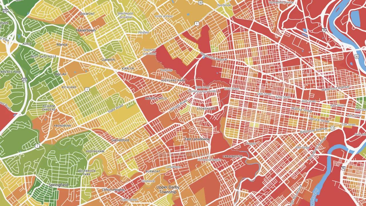Upper Darby, PA Map of Robbery Rates