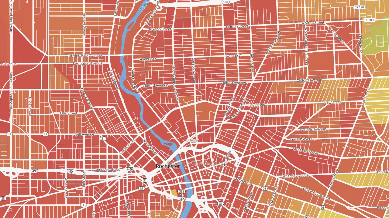 Upper Falls, Rochester, NY Map of Robbery Rates