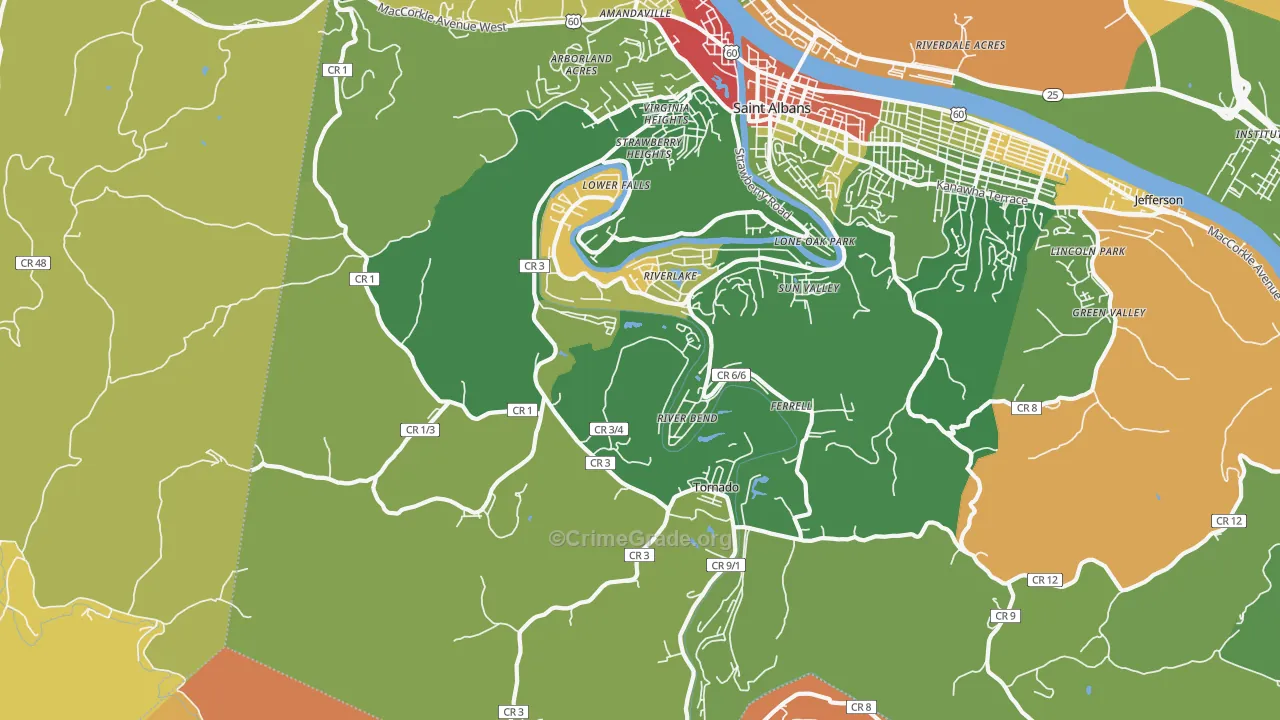 Upper Falls, WV Map of Robbery Rates