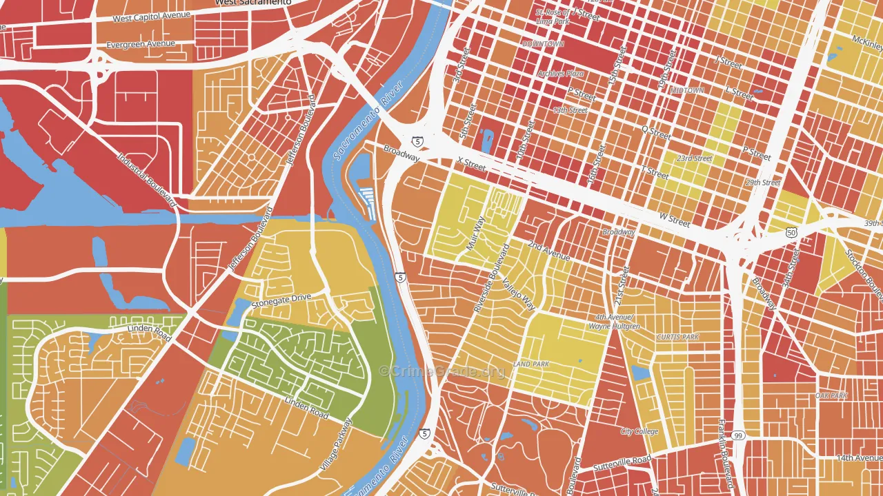 Upper Land Park, Sacramento, CA Map of Robbery Rates