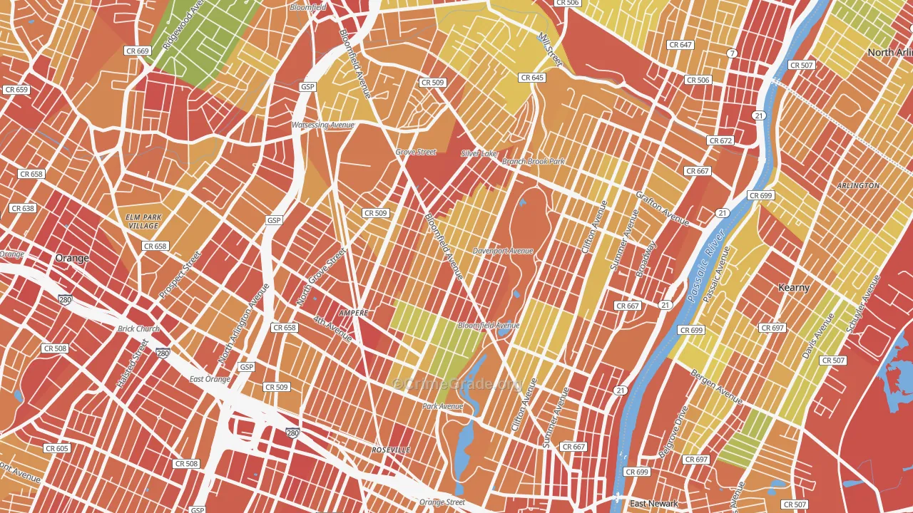 Upper Roseville, Newark, NJ Map of Robbery Rates