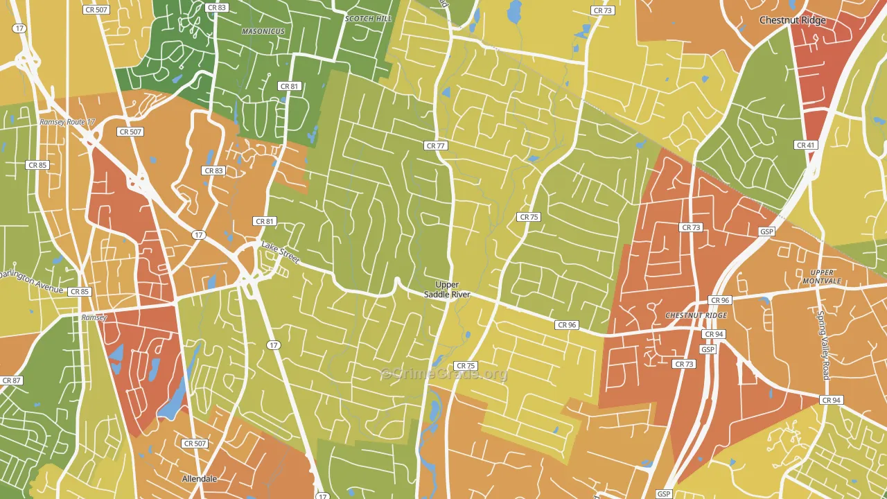 Upper Saddle River, NJ Map of Robbery Rates