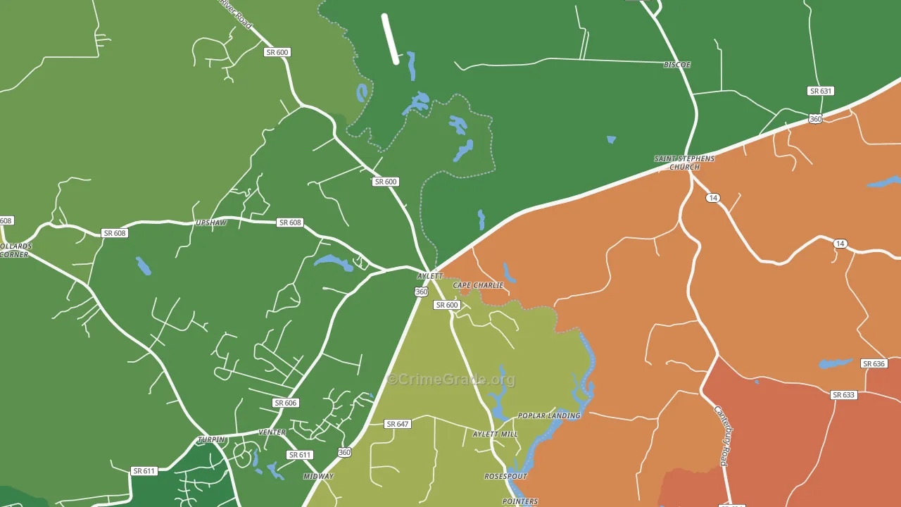 Upshaw, VA Map of Robbery Rates
