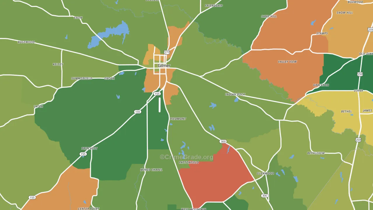 Upshur County, TX Map of Robbery Rates