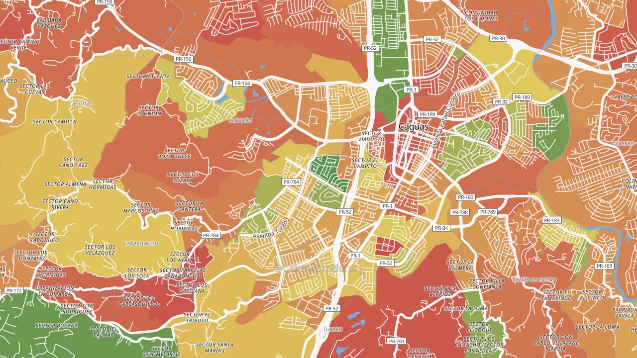 Urbanizacion Bonneville Hts, Caguas, PR Map of Robbery Rates