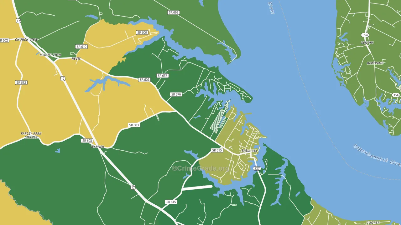 Urbanna, VA Map of Robbery Rates