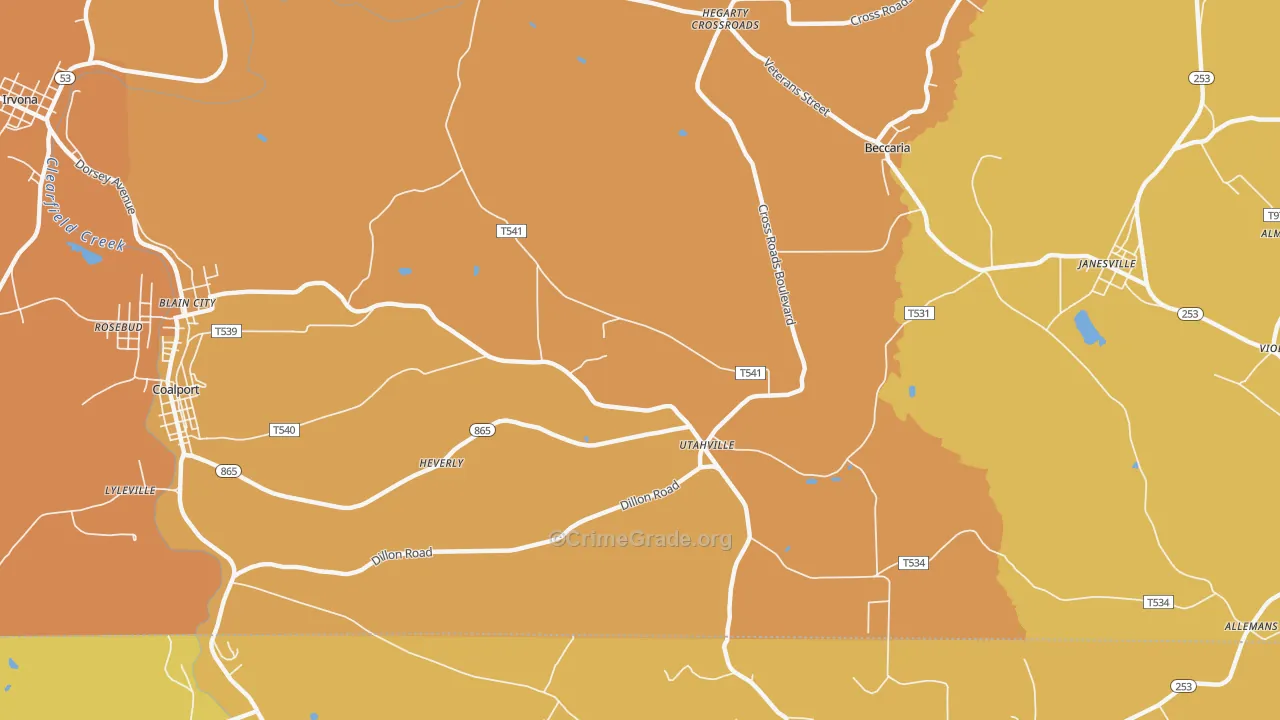 Utahville, PA Map of Robbery Rates
