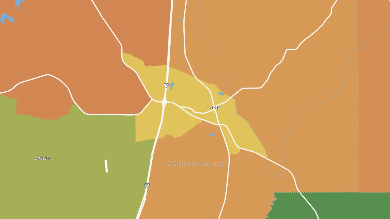 Vaiden, MS Map of Robbery Rates