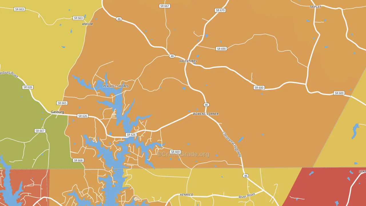 Valentines, VA Map of Robbery Rates