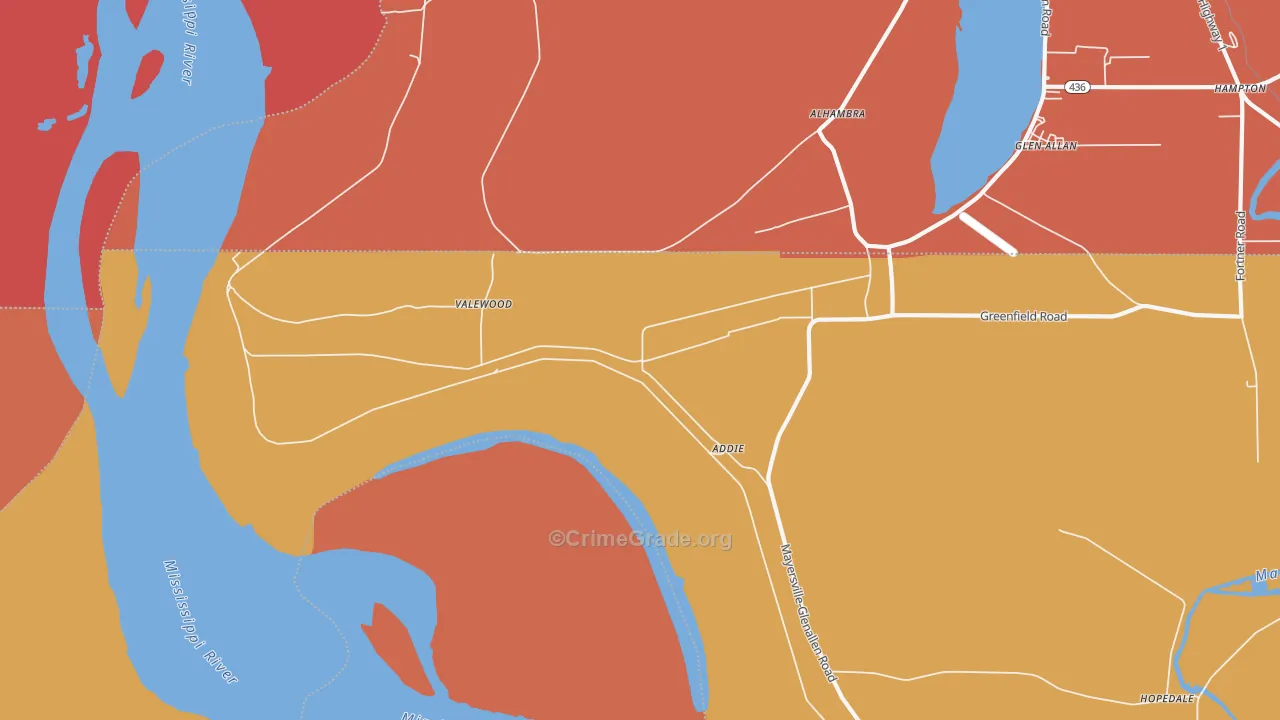 Valewood, MS Map of Robbery Rates