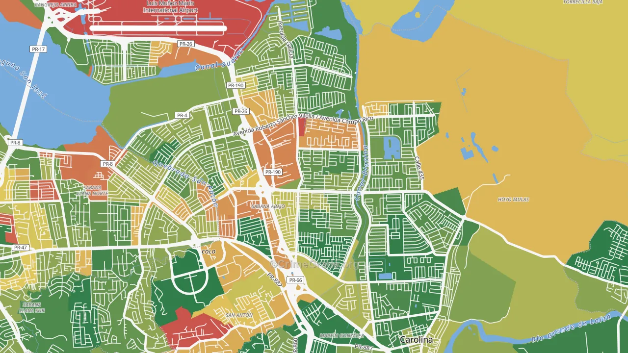 Valle Arriba Hts, Carolina, PR Map of Robbery Rates