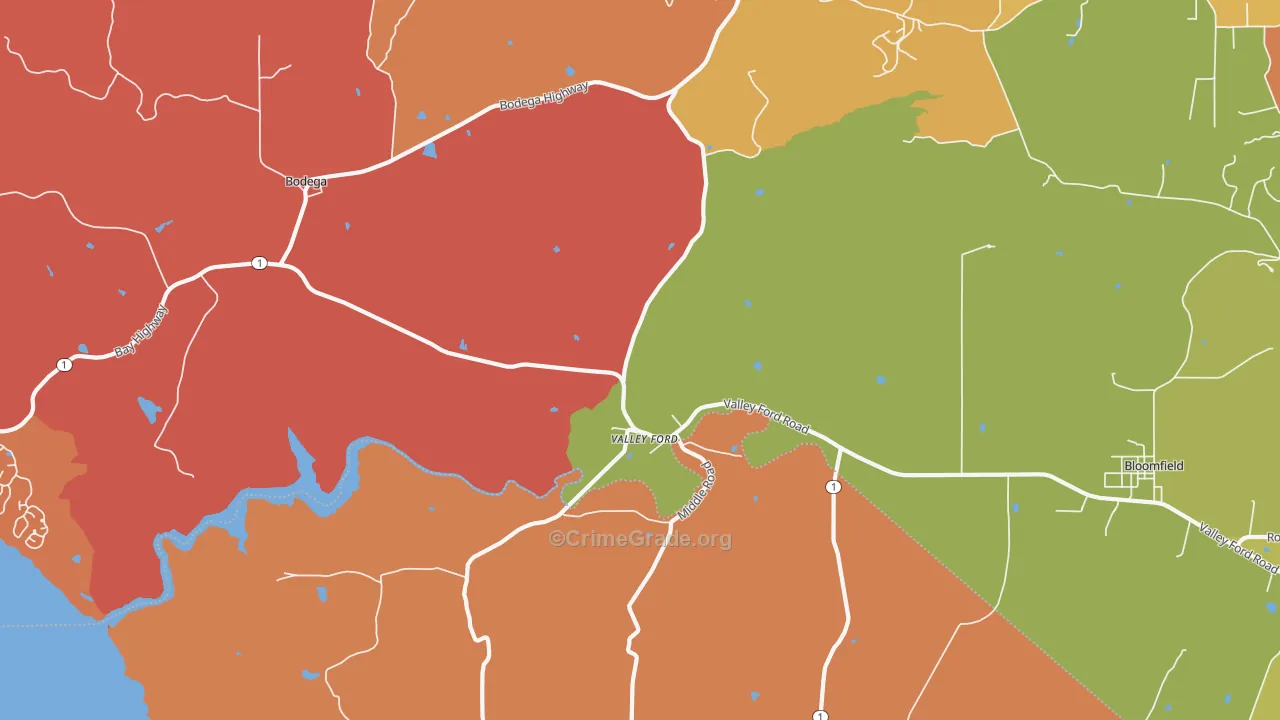 Valley Ford, CA Map of Robbery Rates