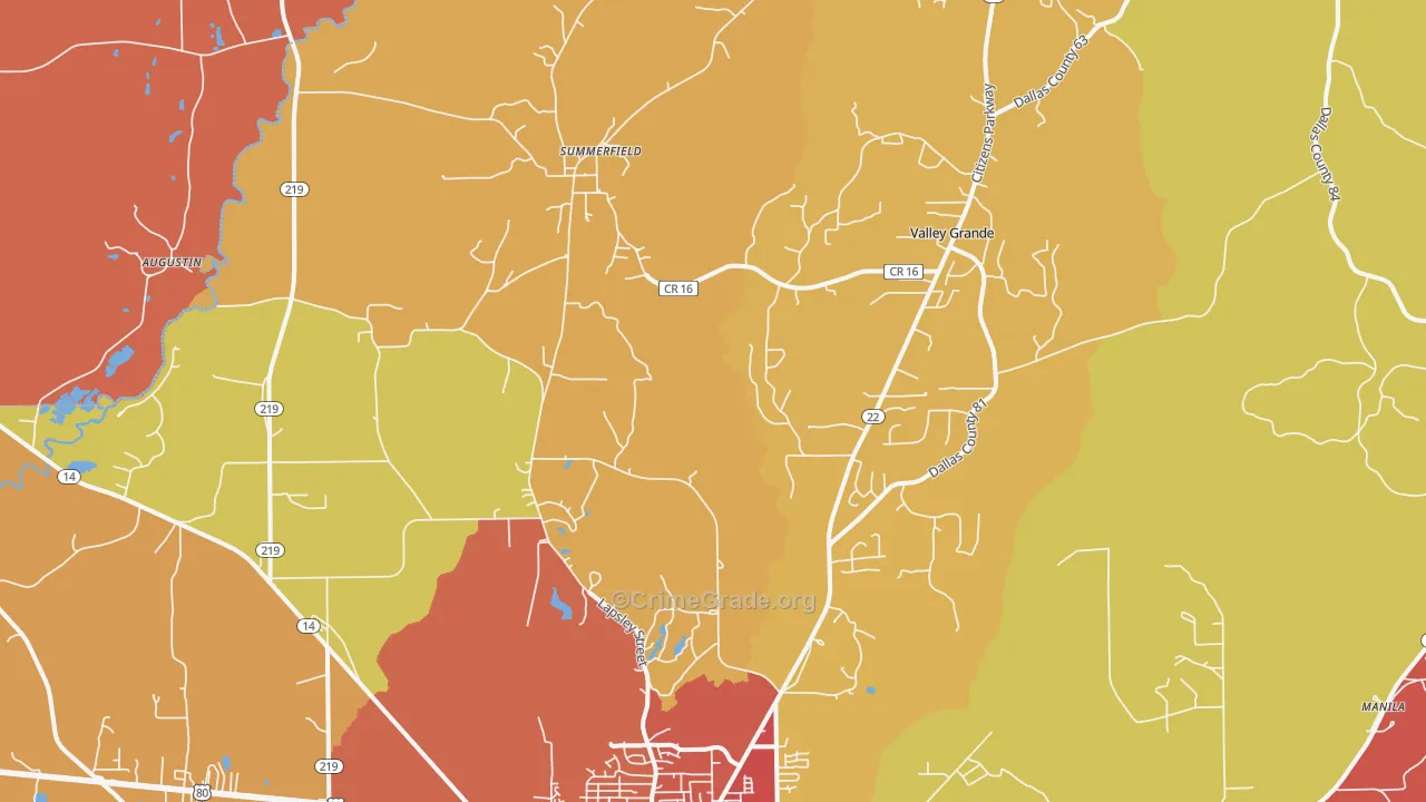 Valley Grande, AL Map of Robbery Rates