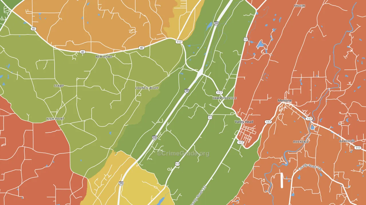 Valley Head, AL Map of Robbery Rates