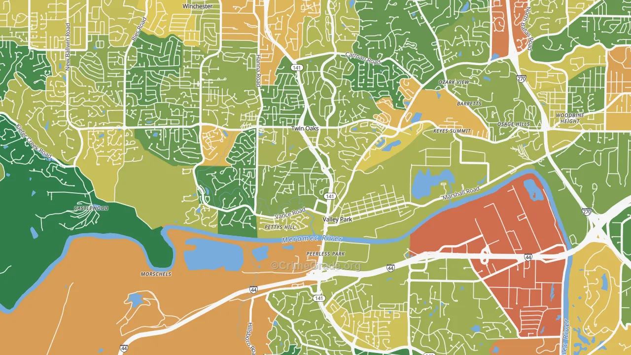 Valley Park, MO Map of Robbery Rates