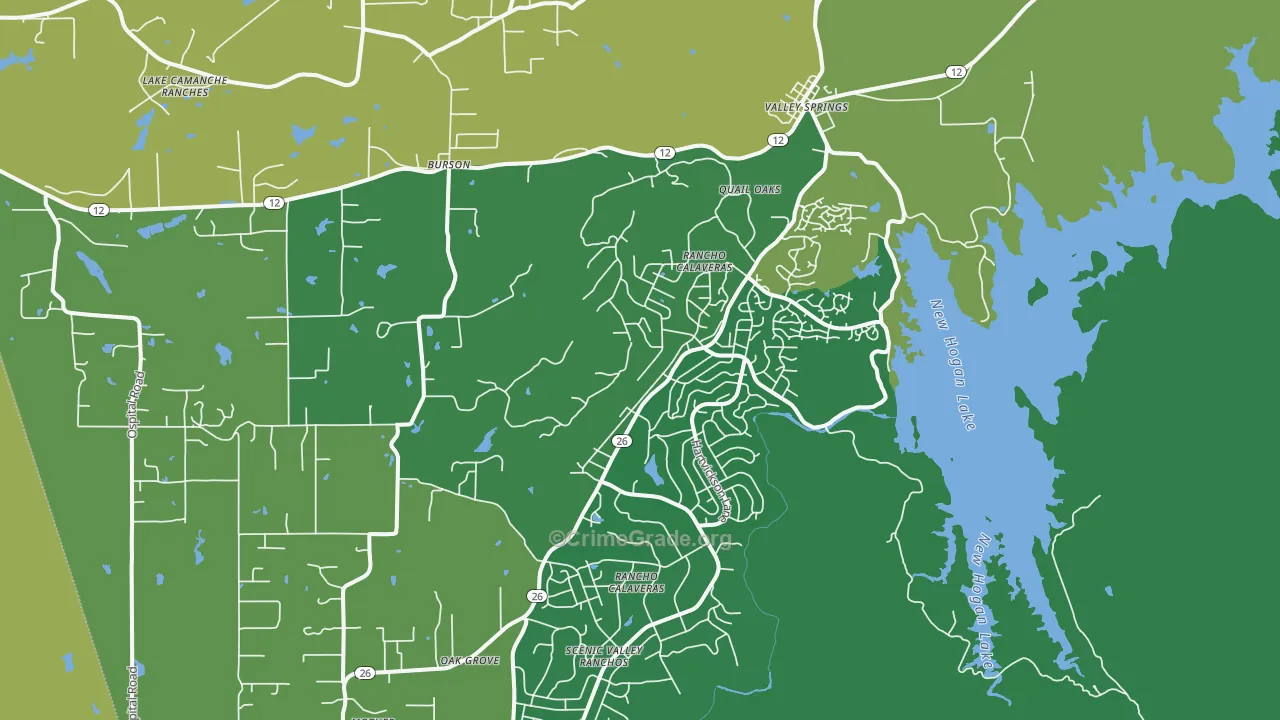 Valley Springs, CA Map of Robbery Rates