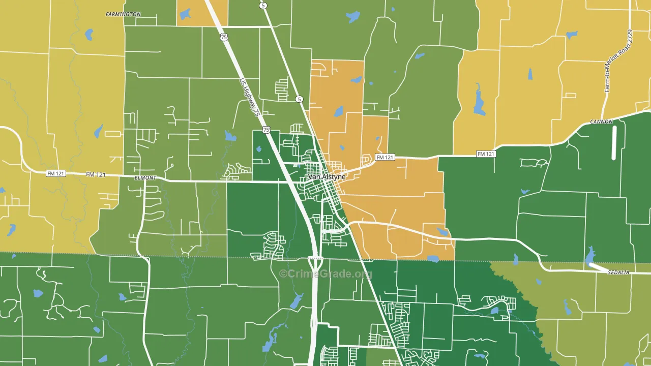 Van Alstyne, TX Map of Robbery Rates