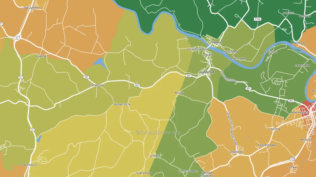 Vanderbilt, PA Map of Robbery Rates