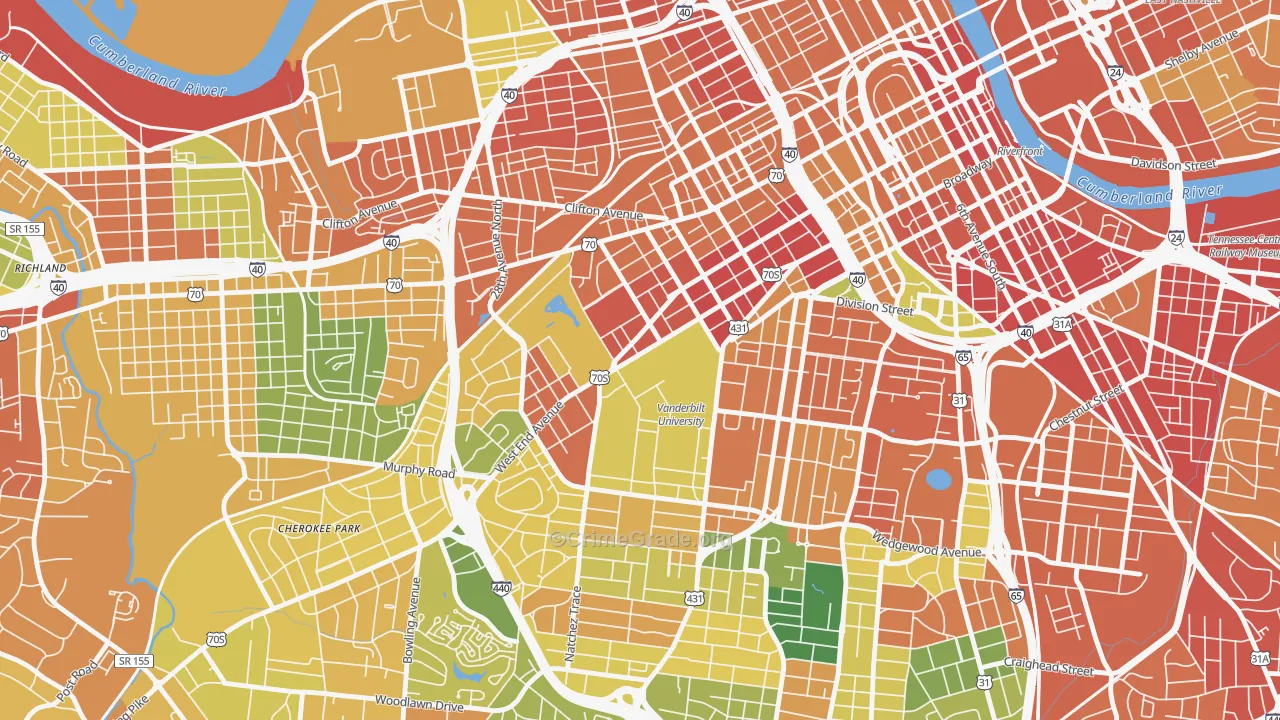 Vanderbilt-West End, Nashville, TN Map of Robbery Rates