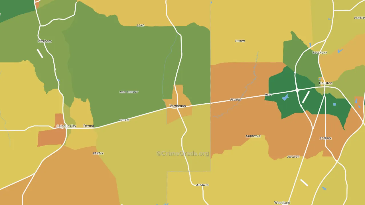 Vardaman, MS Map of Robbery Rates