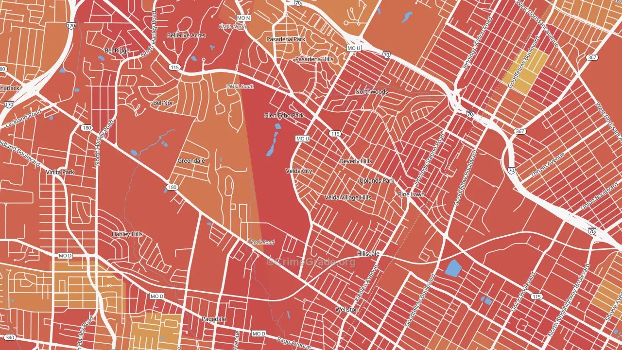 Velda City, MO Map of Robbery Rates