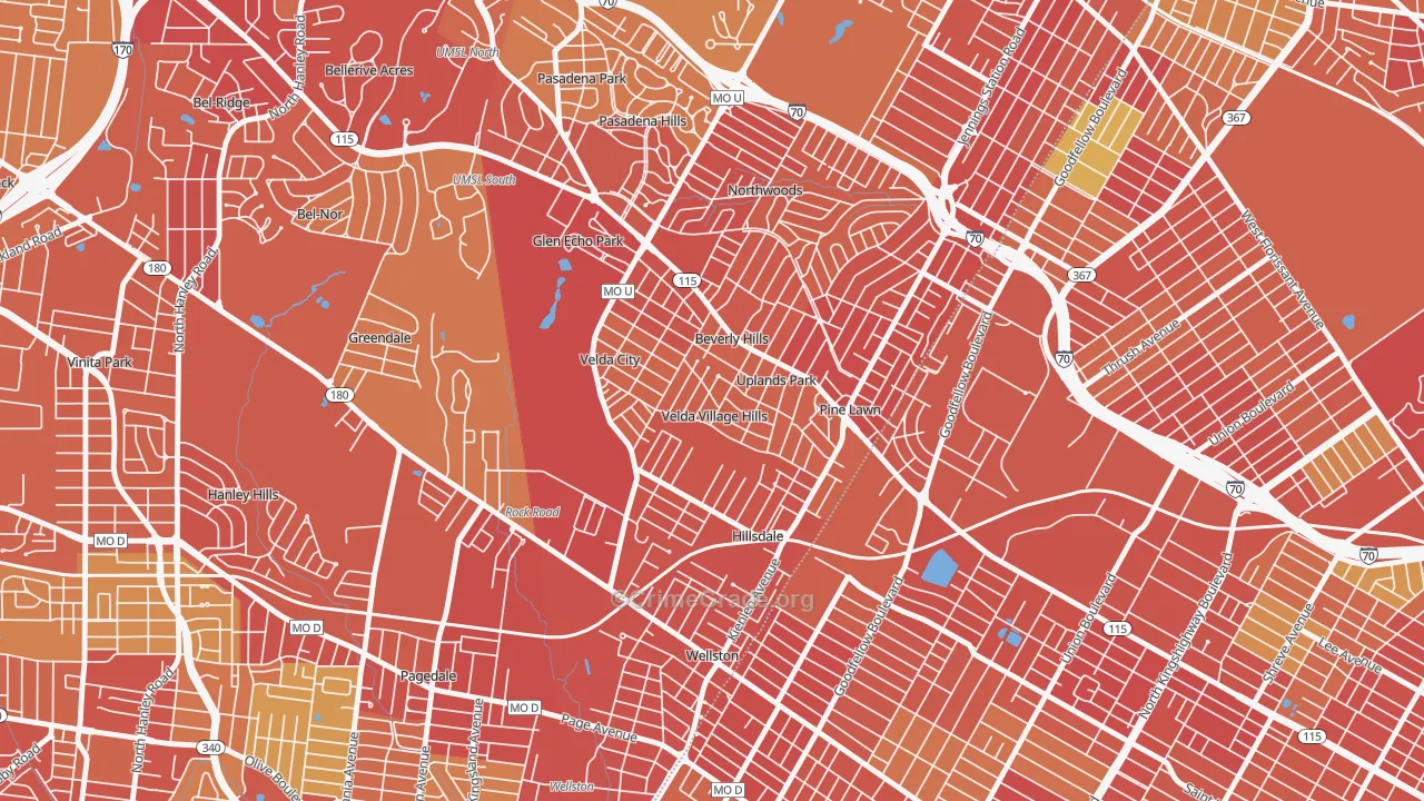 Velda Village Hills, MO Map of Robbery Rates
