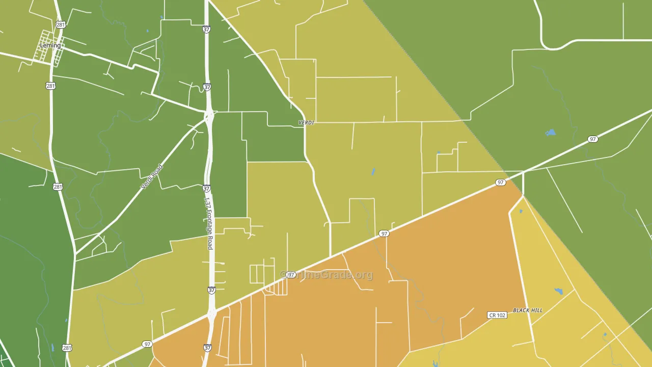 Verdi, TX Map of Robbery Rates