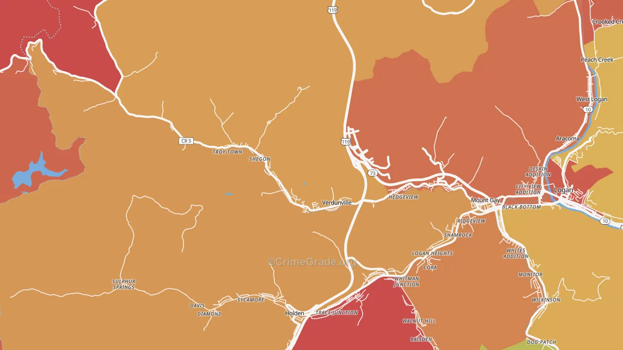 Verdunville, WV Map of Robbery Rates