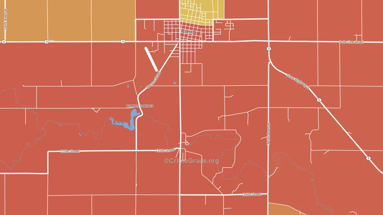 Vernon Springs, IA Map of Robbery Rates